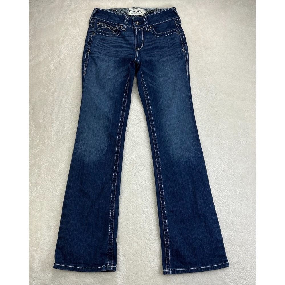 Ariat REAL Bootcut Jeans Womens 27R Blue Denim Dark Wash Thick Stitch Western